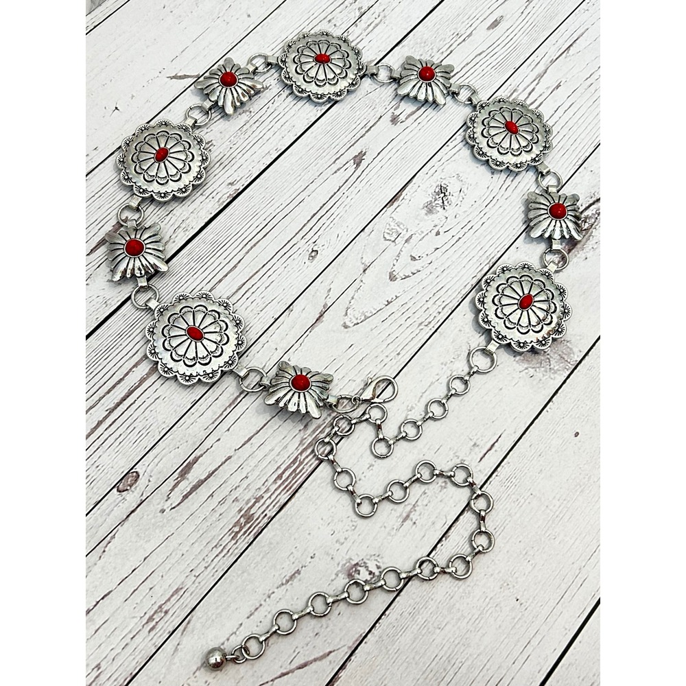 Western Silver Concho Chain Belt Red Faux Turquoise Floral Engraved Boho 44 Inch